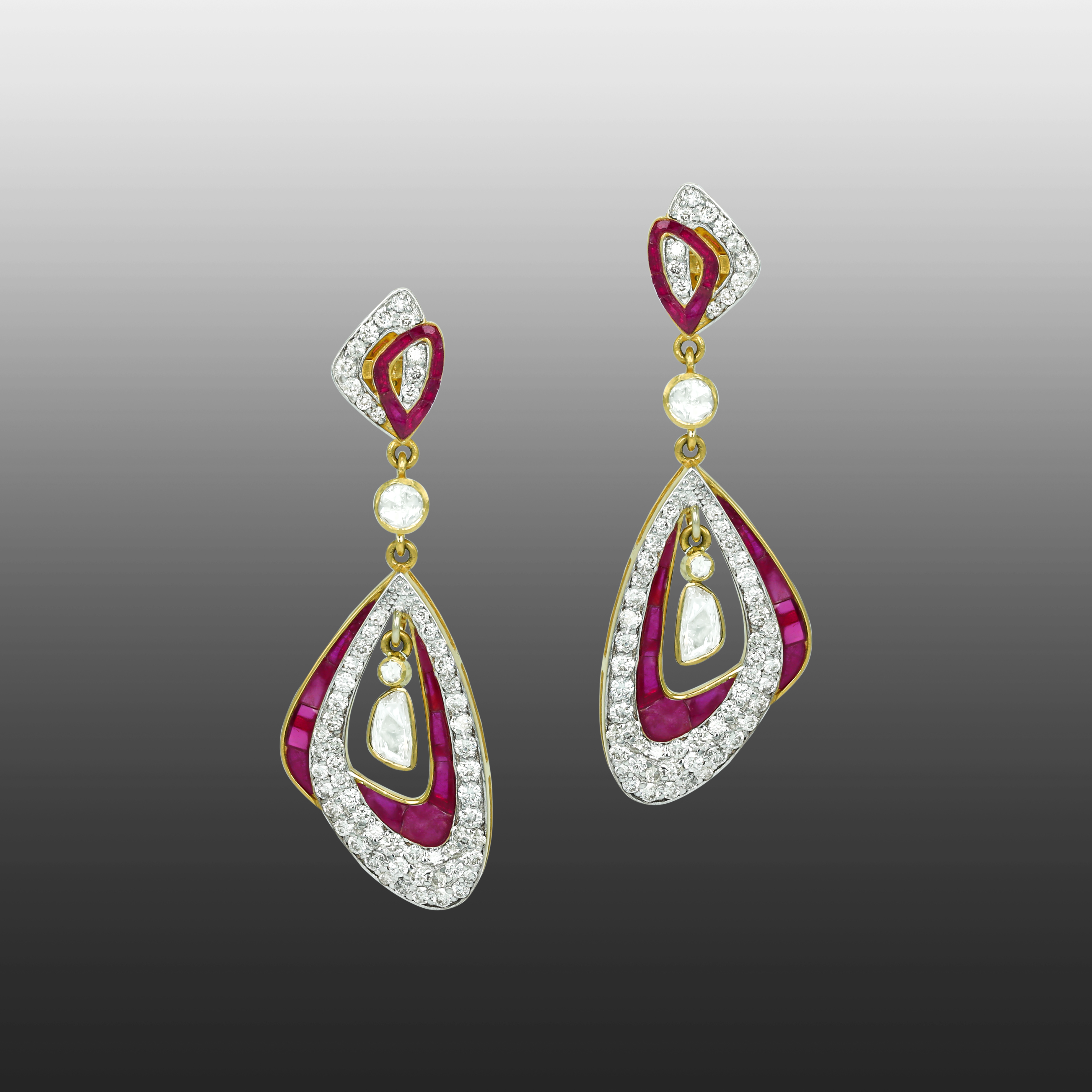Ruby Colourstone Inlay Drop Earrings with Polki Center and Diamond Accents